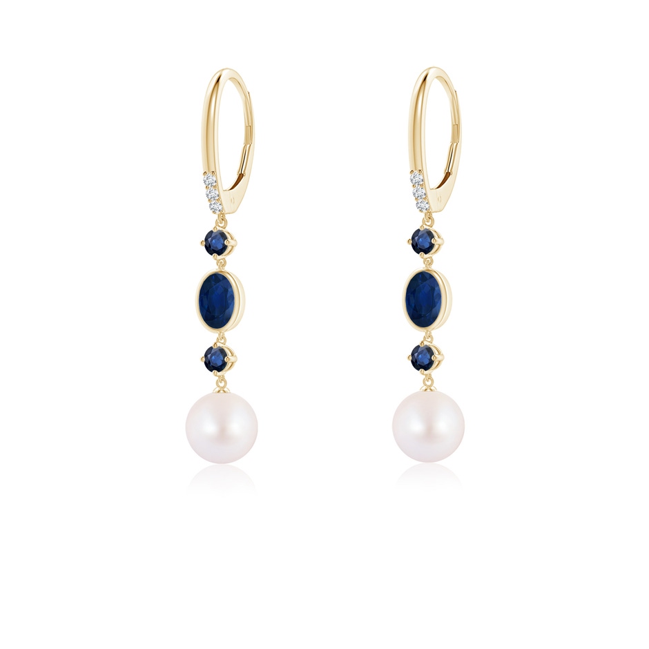 7mm AA Japanese Akoya Pearl Earrings with Sapphires in Yellow Gold 