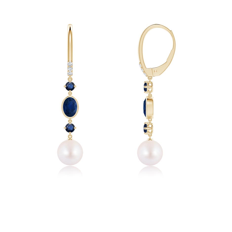 7mm AA Japanese Akoya Pearl Earrings with Sapphires in Yellow Gold side-1