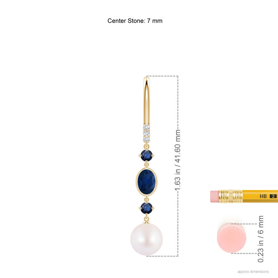 7mm AA Japanese Akoya Pearl Earrings with Sapphires in Yellow Gold ruler