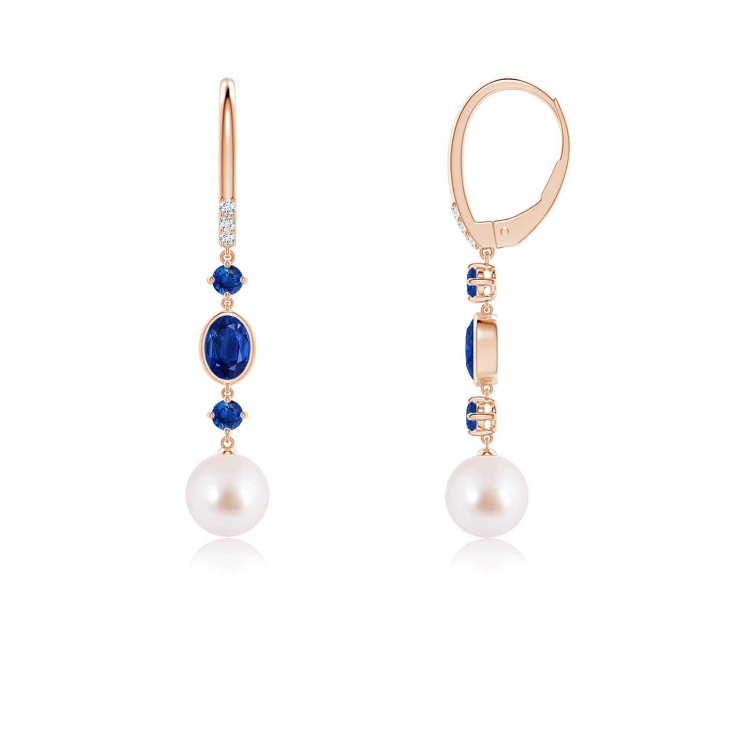 7mm AAA Japanese Akoya Pearl Earrings with Sapphires in Rose Gold