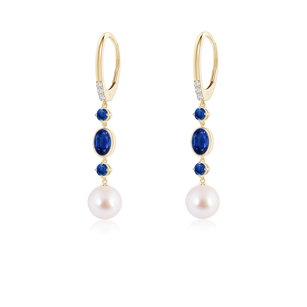 7mm AAA Japanese Akoya Pearl Earrings with Sapphires in Yellow Gold