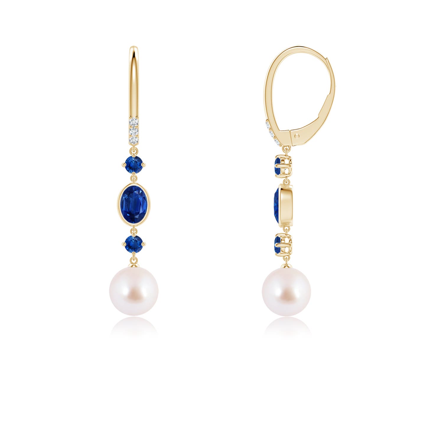 7mm AAA Japanese Akoya Pearl Earrings with Sapphires in Yellow Gold