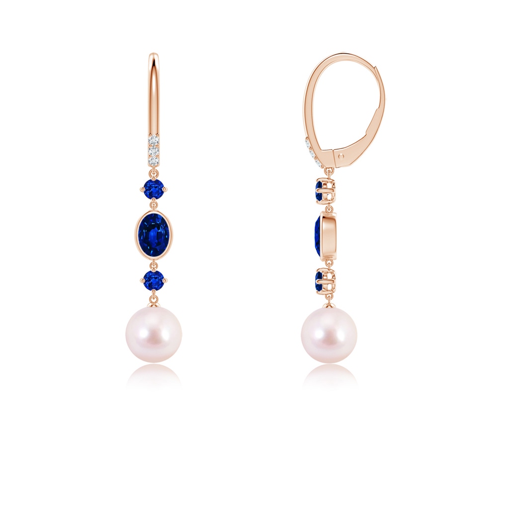 7mm AAAA Japanese Akoya Pearl Earrings with Sapphires in Rose Gold Side-1