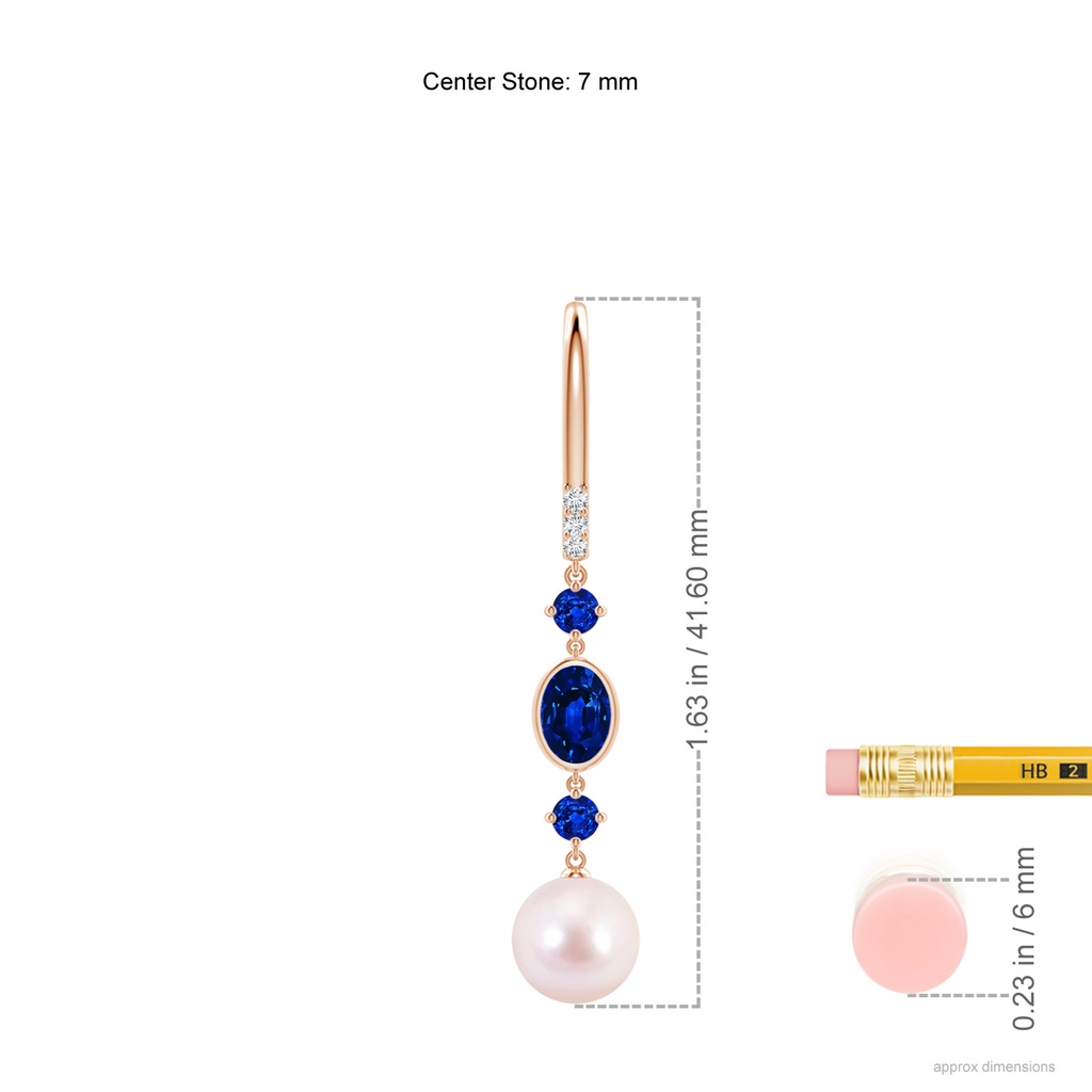 7mm AAAA Japanese Akoya Pearl Earrings with Sapphires in Rose Gold Ruler