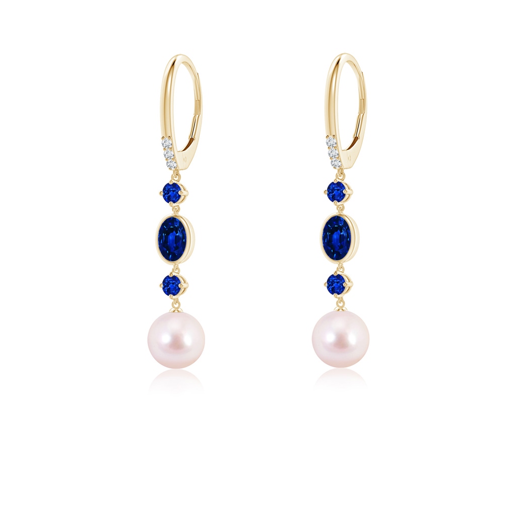 7mm AAAA Japanese Akoya Pearl Earrings with Sapphires in Yellow Gold