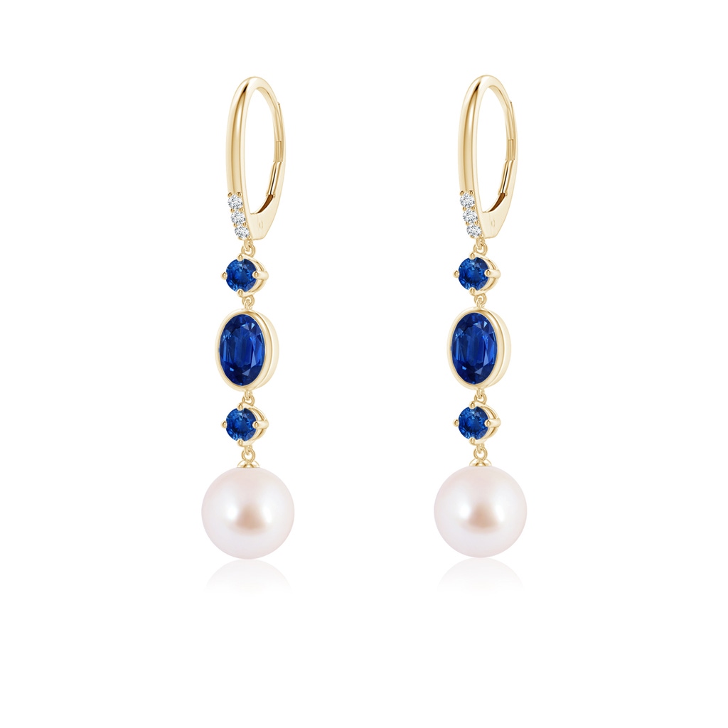 8mm AAA Japanese Akoya Pearl Earrings with Sapphires in Yellow Gold