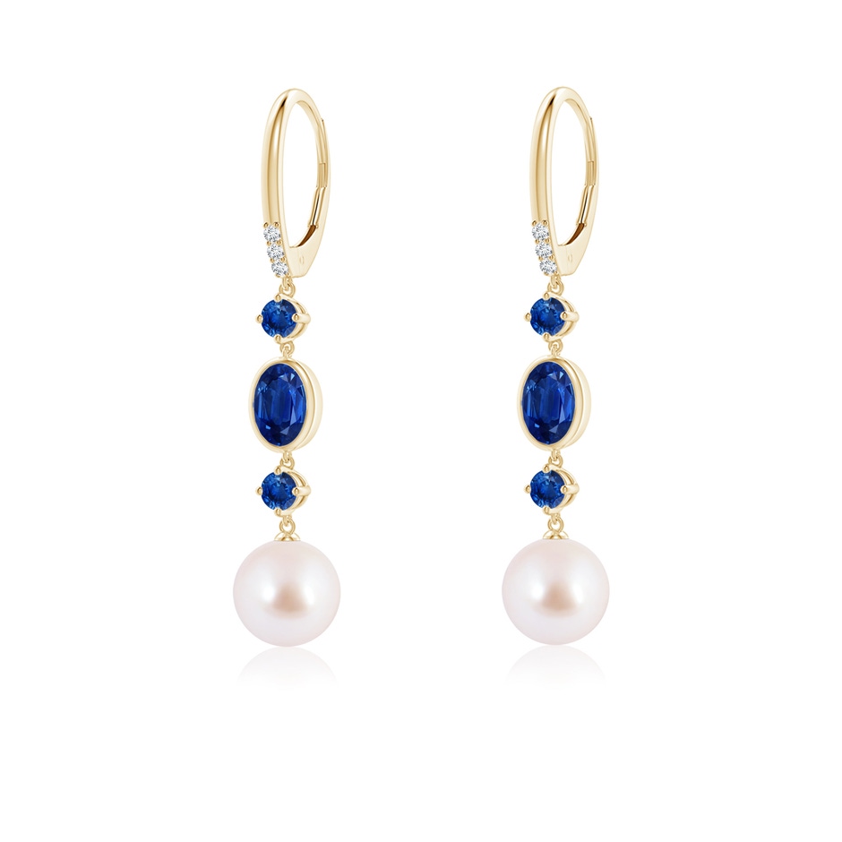 8mm AAA Japanese Akoya Pearl Earrings with Sapphires in Yellow Gold 