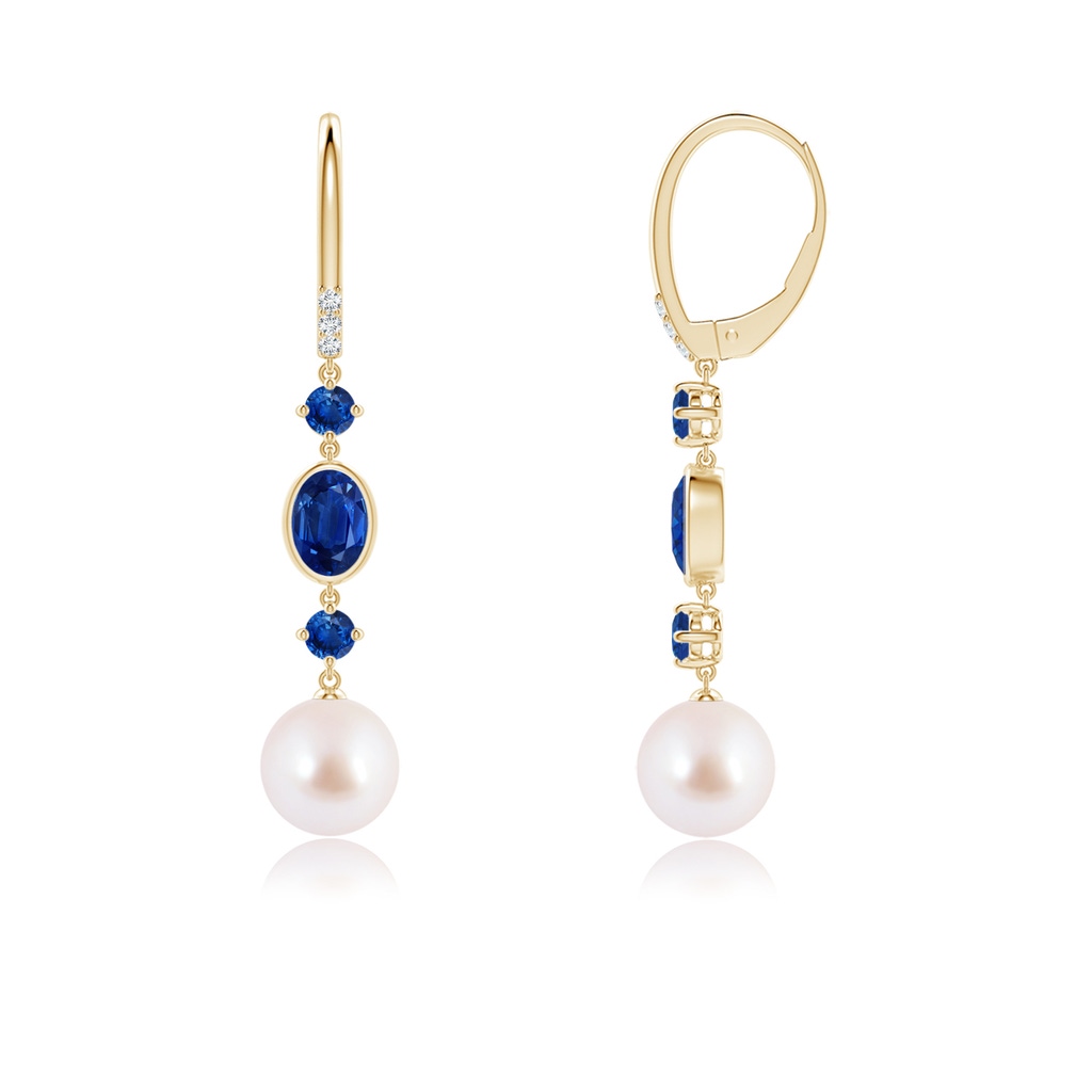 8mm AAA Japanese Akoya Pearl Earrings with Sapphires in Yellow Gold Side-1