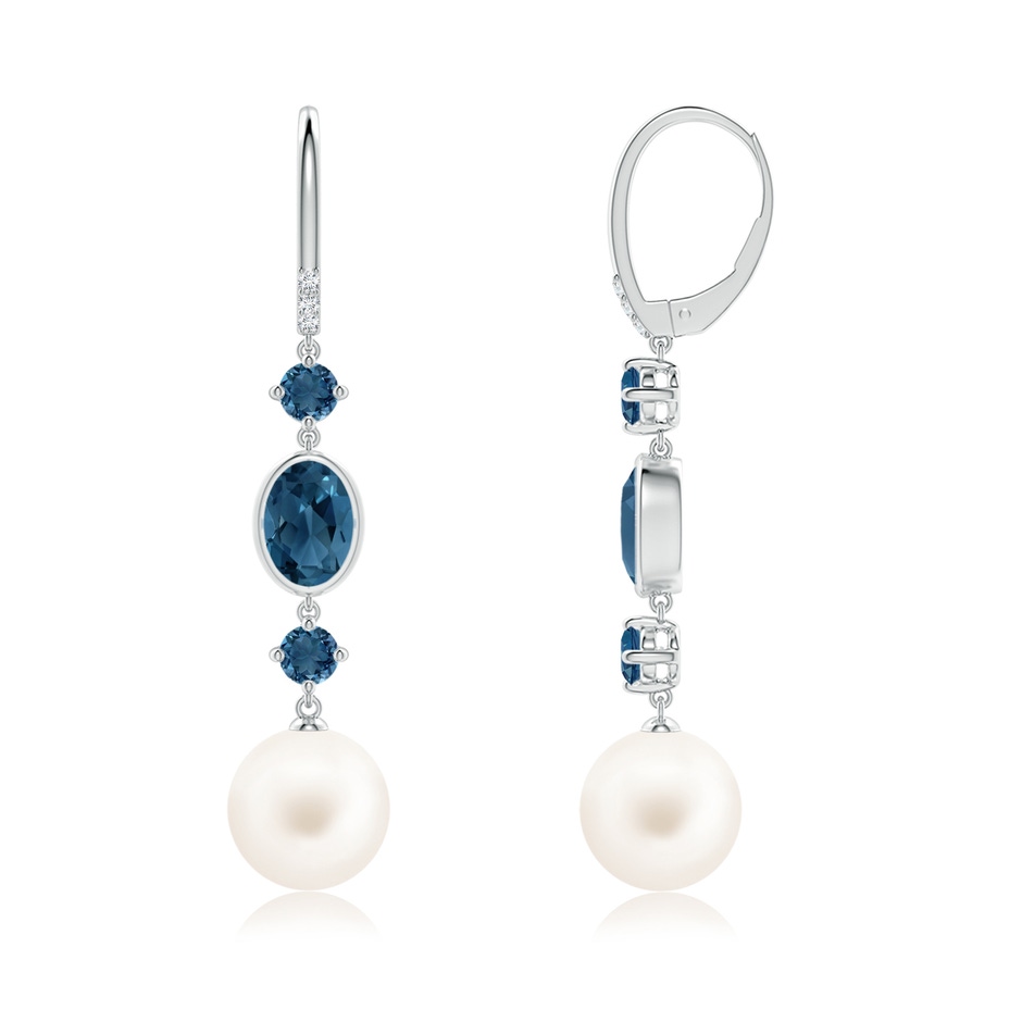 10mm AA Freshwater Pearl Earrings with London Blue Topazes in White Gold side-1