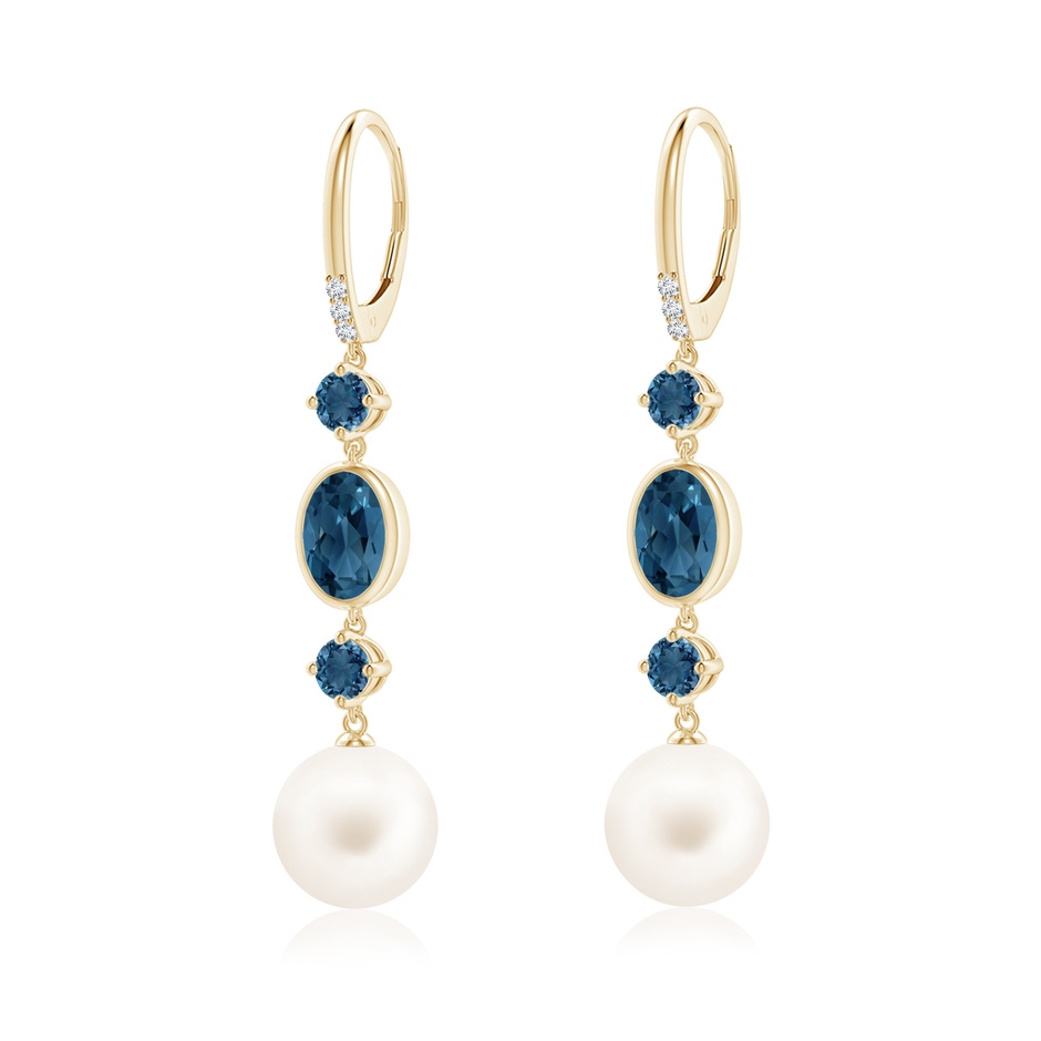 10mm AA Freshwater Pearl Earrings with London Blue Topazes in Yellow Gold 