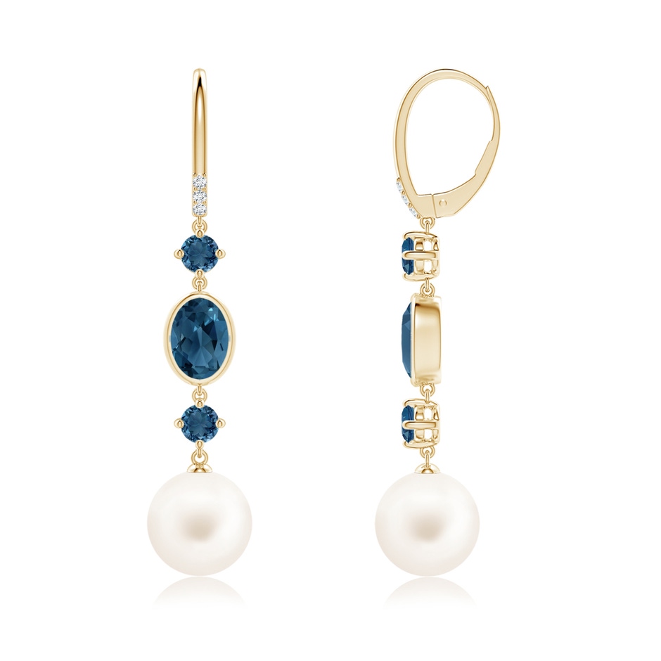10mm AA Freshwater Pearl Earrings with London Blue Topazes in Yellow Gold side-1