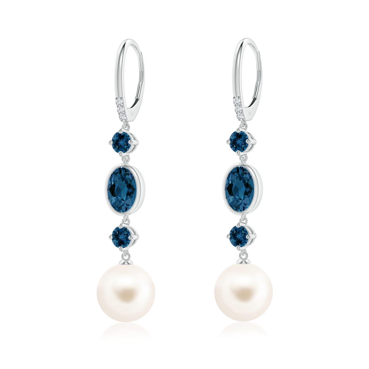 10mm AAA Freshwater Pearl Earrings with London Blue Topazes in White Gold