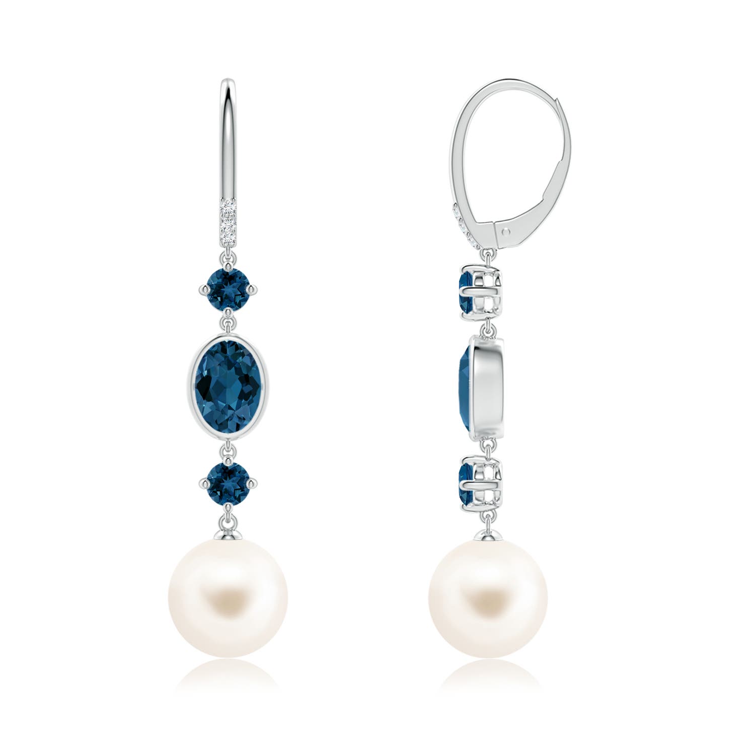 10mm AAA Freshwater Pearl Earrings with London Blue Topazes in White Gold