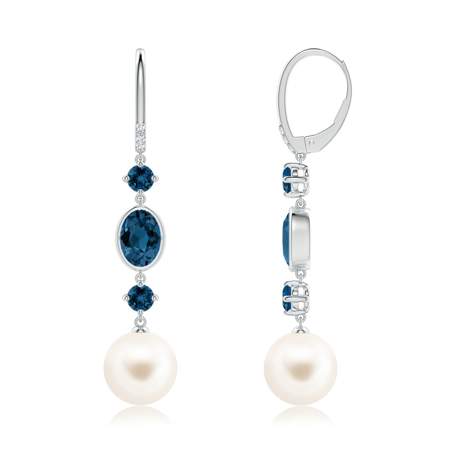 10mm AAA Freshwater Pearl Earrings with London Blue Topazes in White Gold side-1