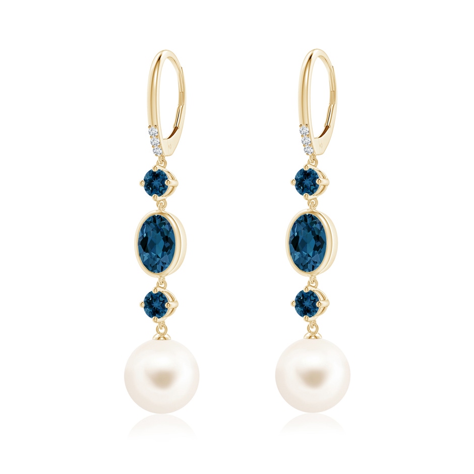 10mm AAA Freshwater Pearl Earrings with London Blue Topazes in Yellow Gold 