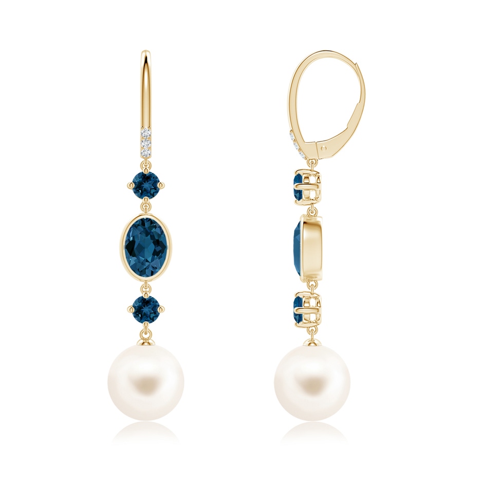 10mm AAA Freshwater Pearl Earrings with London Blue Topazes in Yellow Gold side-1