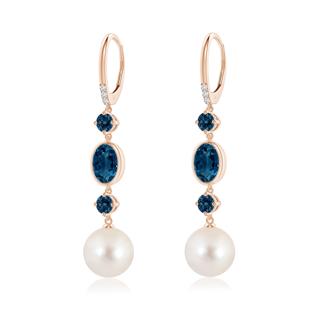 10mm AAAA Freshwater Pearl Earrings with London Blue Topazes in Rose Gold