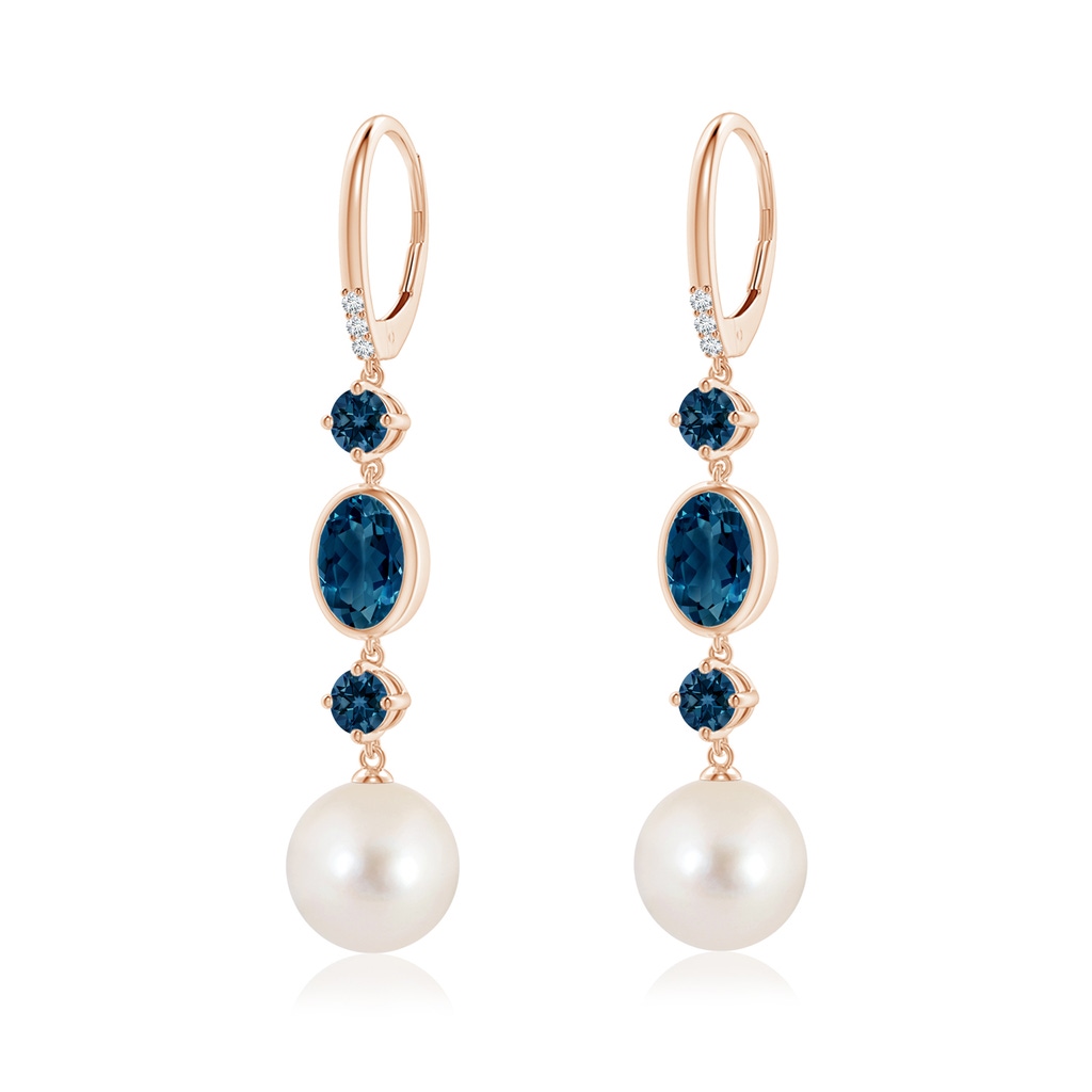 10mm AAAA Freshwater Pearl Earrings with London Blue Topazes in Rose Gold