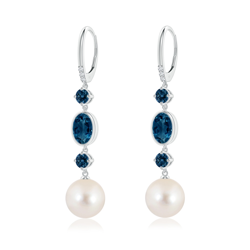 10mm AAAA Freshwater Pearl Earrings with London Blue Topazes in White Gold