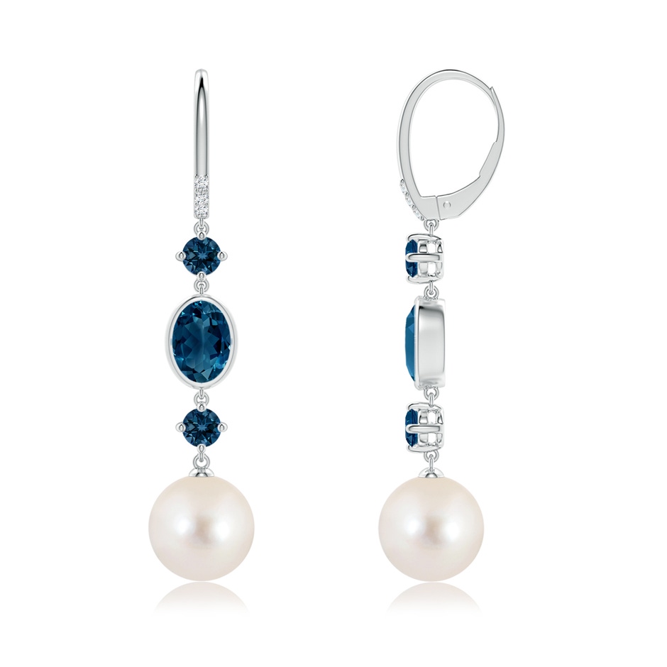 10mm AAAA Freshwater Pearl Earrings with London Blue Topazes in White Gold side-1