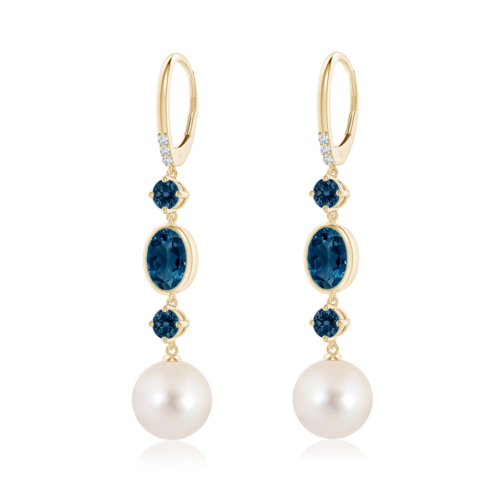 10mm AAAA Freshwater Pearl Earrings with London Blue Topazes in Yellow Gold