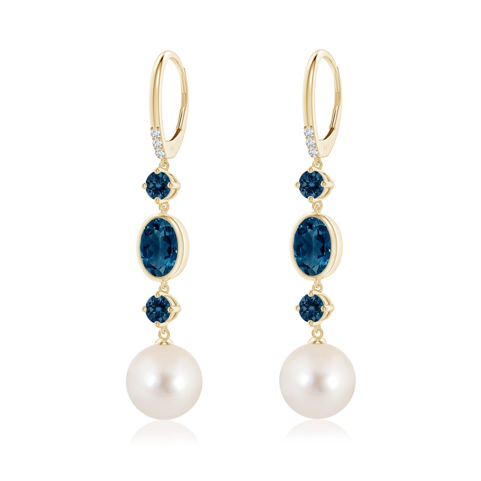 10mm AAAA Freshwater Pearl Earrings with London Blue Topazes in Yellow Gold 