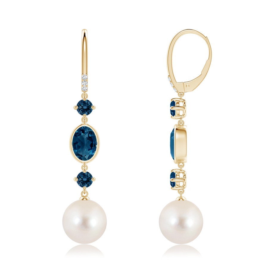 10mm AAAA Freshwater Pearl Earrings with London Blue Topazes in Yellow Gold side-1