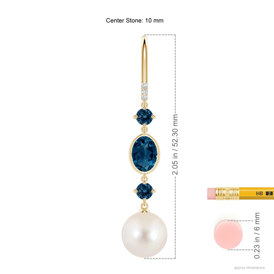 10mm AAAA Freshwater Pearl Earrings with London Blue Topazes in Yellow Gold ruler