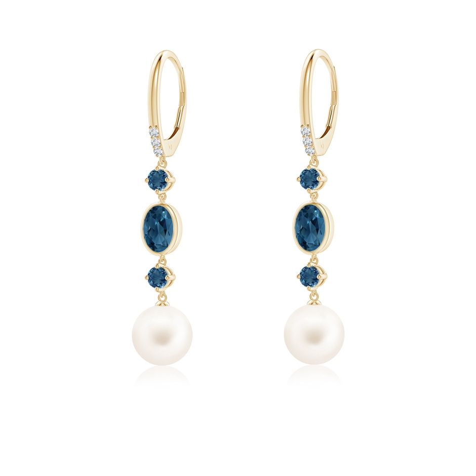 8mm AA Freshwater Pearl Earrings with London Blue Topazes in Yellow Gold 