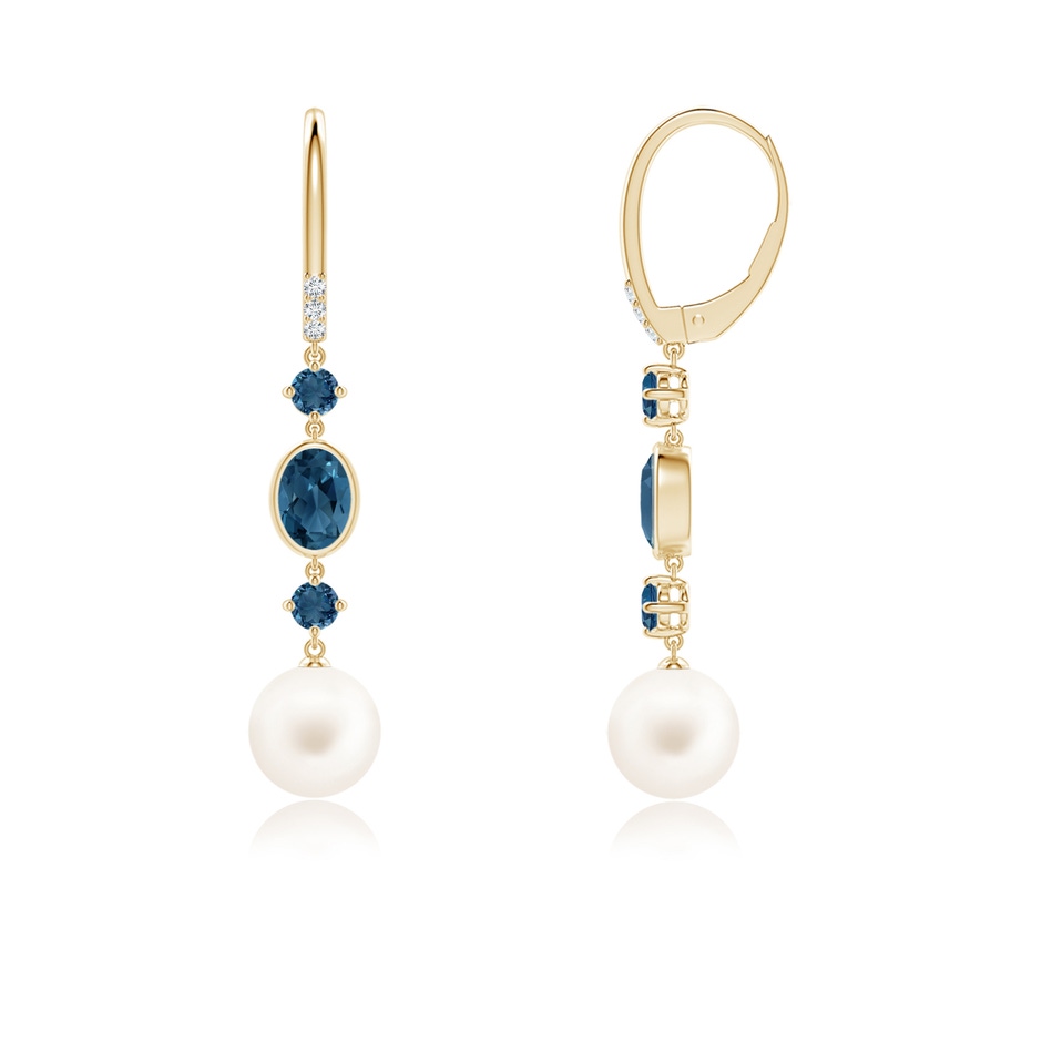 8mm AA Freshwater Pearl Earrings with London Blue Topazes in Yellow Gold side-1