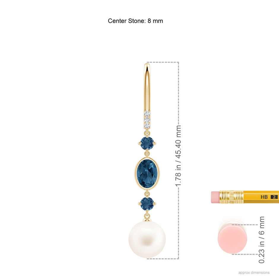 8mm AA Freshwater Pearl Earrings with London Blue Topazes in Yellow Gold ruler