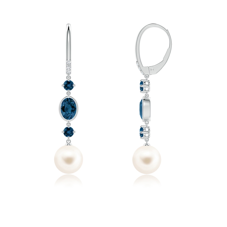 8mm AAA Freshwater Pearl Earrings with London Blue Topazes in White Gold side-1