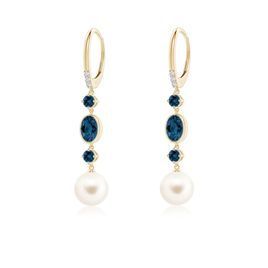 8mm AAA Freshwater Pearl Earrings with London Blue Topazes in Yellow Gold 