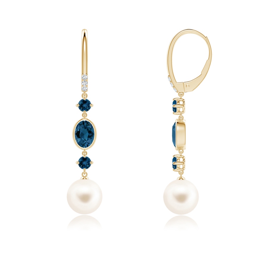 8mm AAA Freshwater Pearl Earrings with London Blue Topazes in Yellow Gold side-1