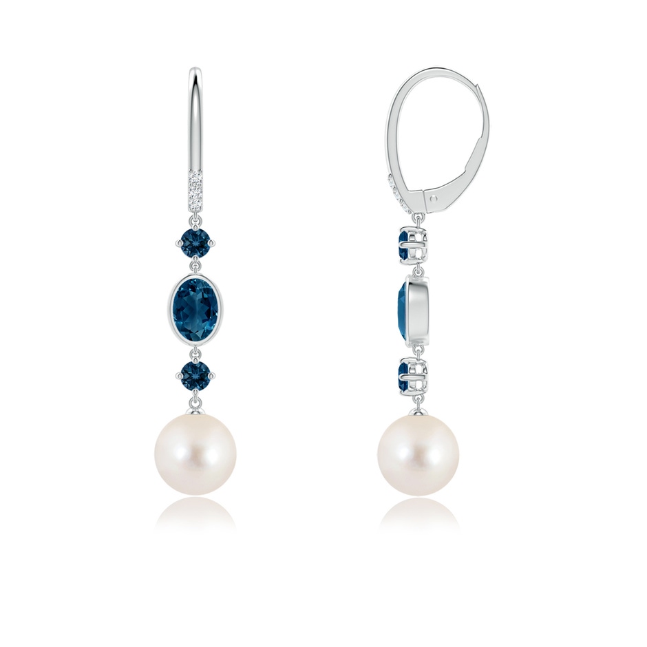 8mm AAAA Freshwater Pearl Earrings with London Blue Topazes in White Gold side-1