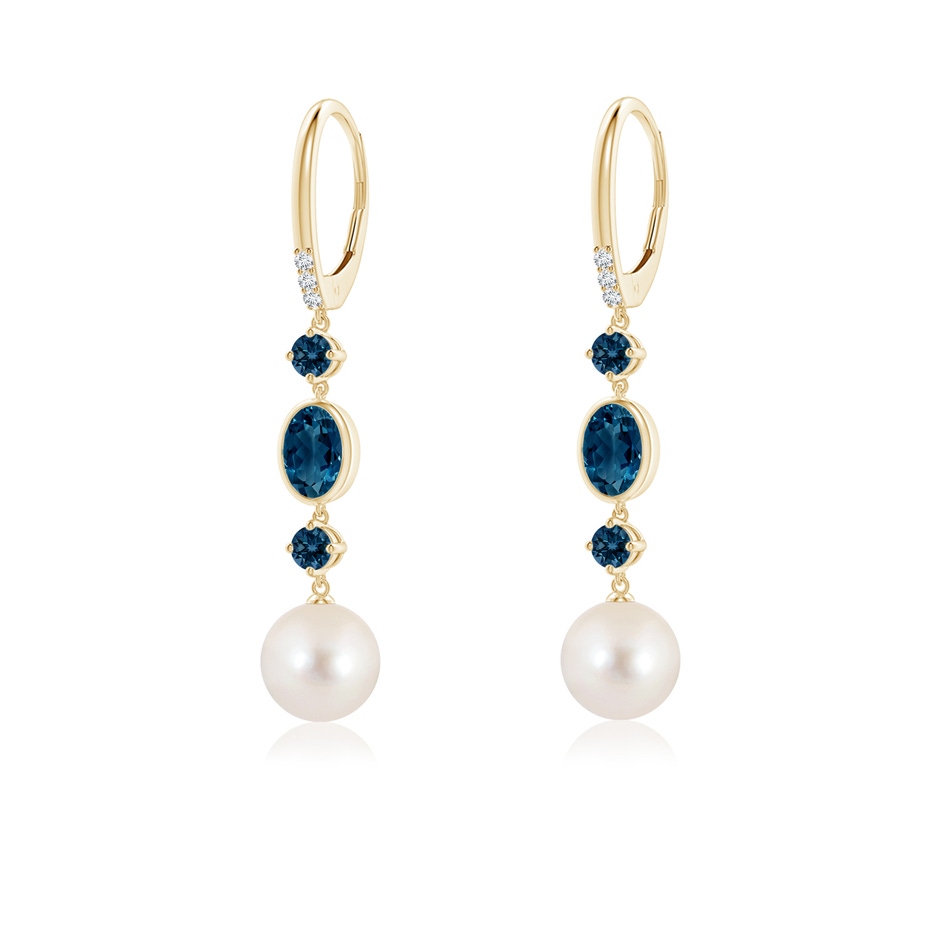 8mm AAAA Freshwater Pearl Earrings with London Blue Topazes in Yellow Gold 