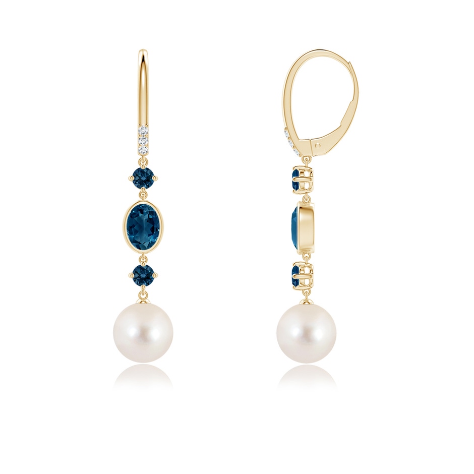 8mm AAAA Freshwater Pearl Earrings with London Blue Topazes in Yellow Gold side-1