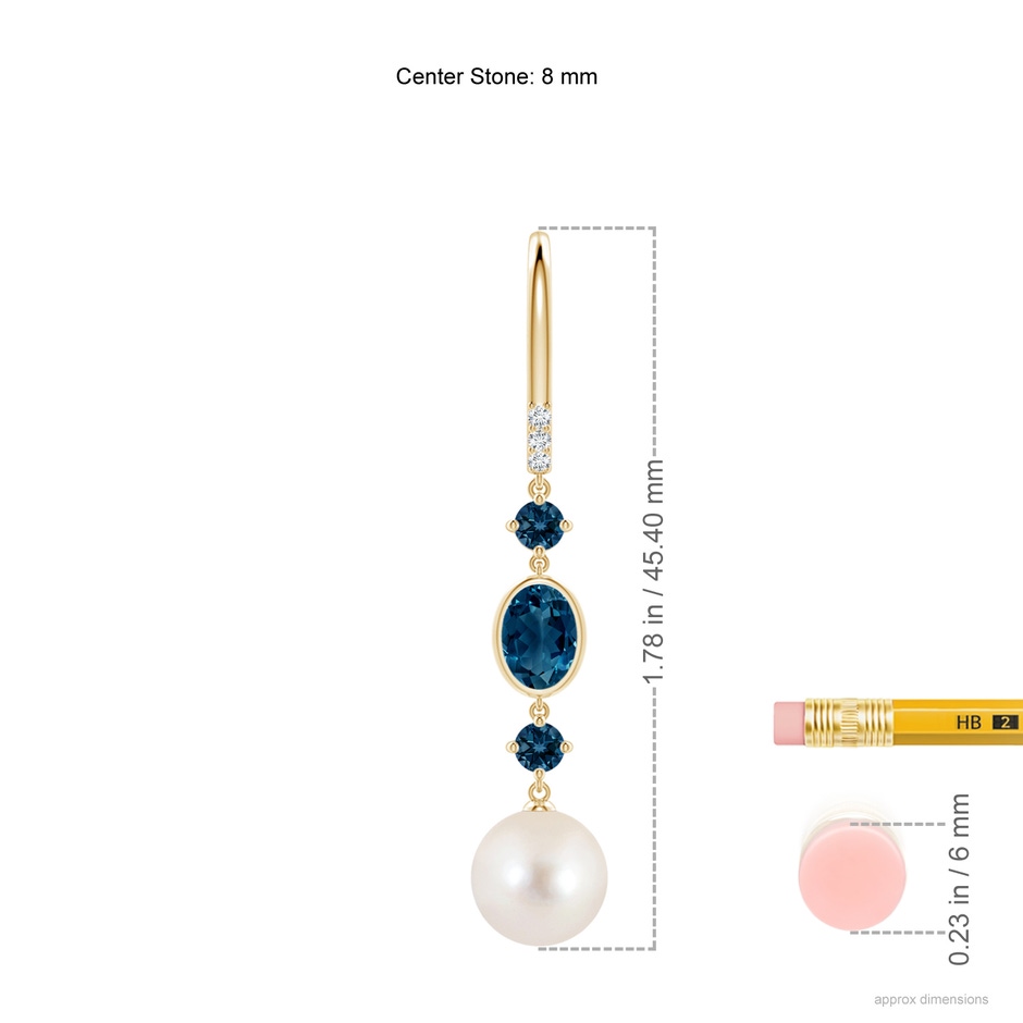 8mm AAAA Freshwater Pearl Earrings with London Blue Topazes in Yellow Gold ruler