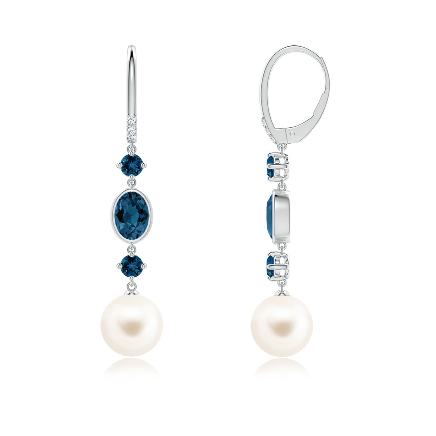 9mm AAA Freshwater Pearl Earrings with London Blue Topazes in White Gold - side 3