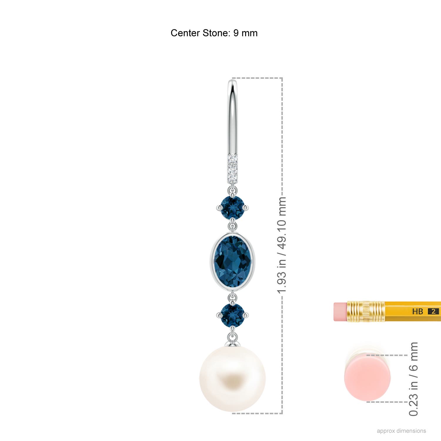 9mm AAA Freshwater Pearl Earrings with London Blue Topazes in White Gold - ruler