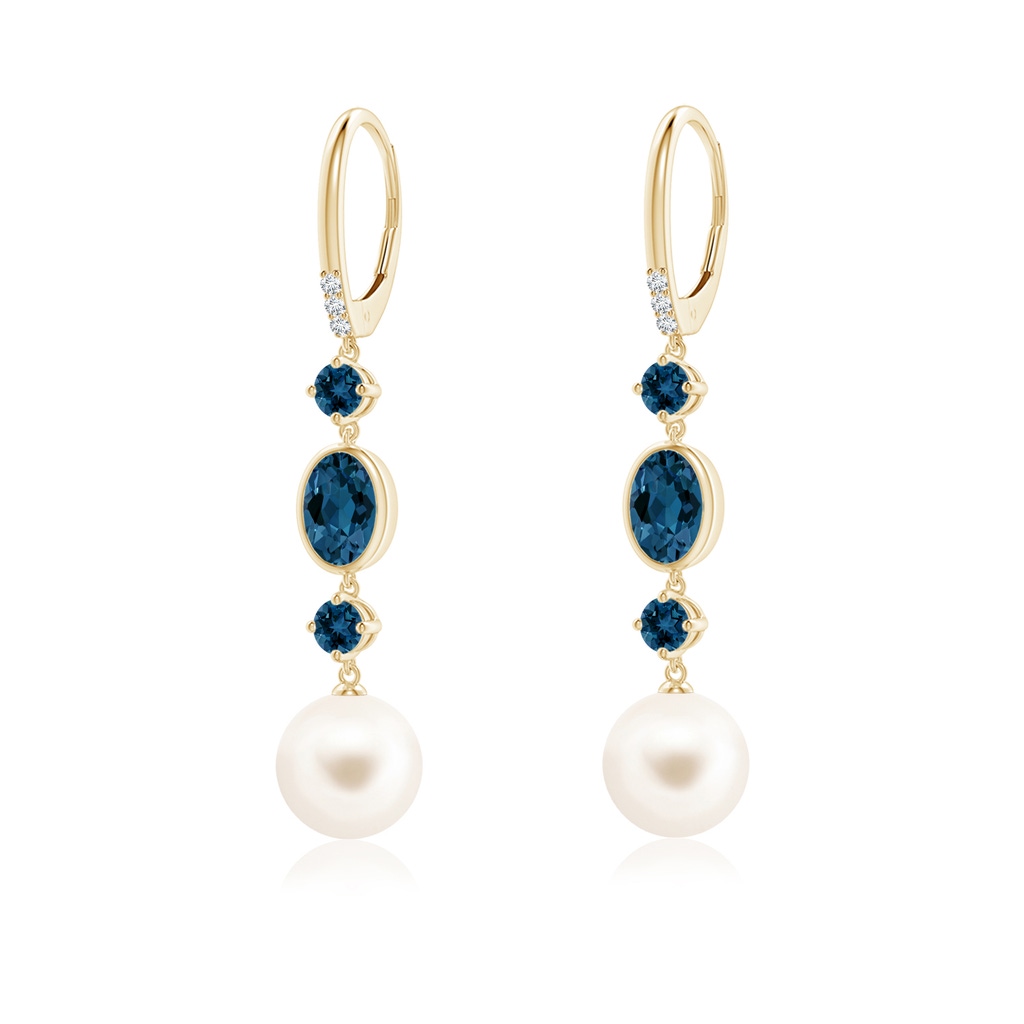 9mm AAA Freshwater Pearl Earrings with London Blue Topazes in Yellow Gold