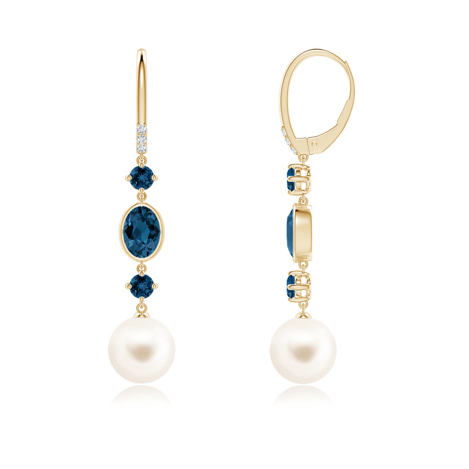 9mm AAA Freshwater Pearl Earrings with London Blue Topazes in Yellow Gold - side 3