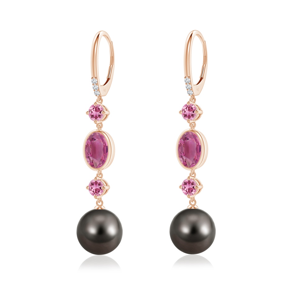 10mm AAA Tahitian Pearl Earrings with Pink Tourmalines in Rose Gold 