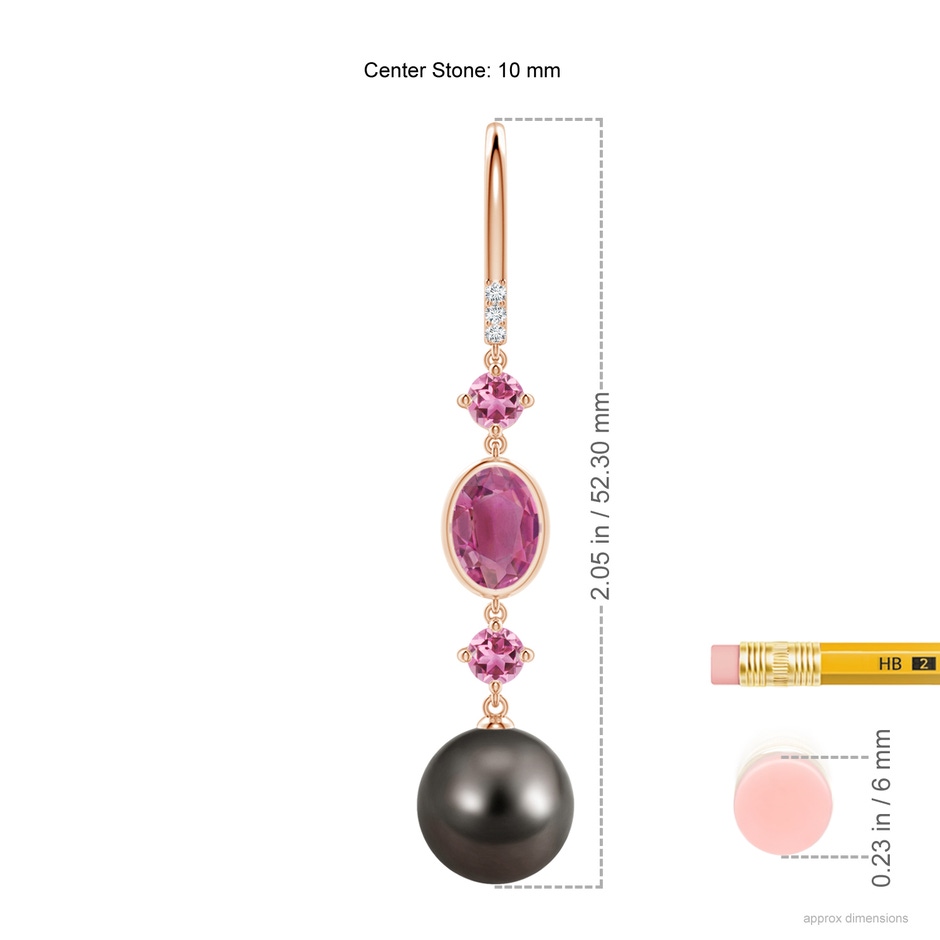 10mm AAA Tahitian Pearl Earrings with Pink Tourmalines in Rose Gold ruler