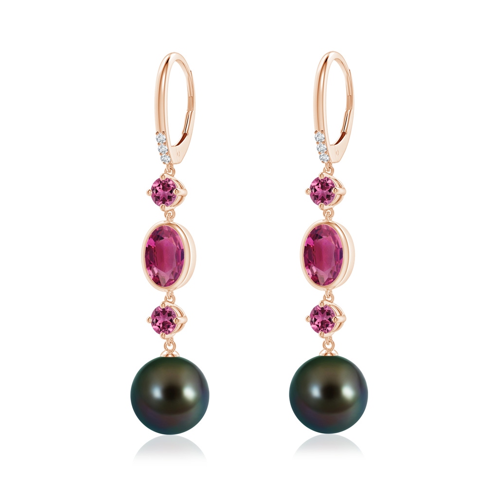 10mm AAAA Tahitian Pearl Earrings with Pink Tourmalines in Rose Gold