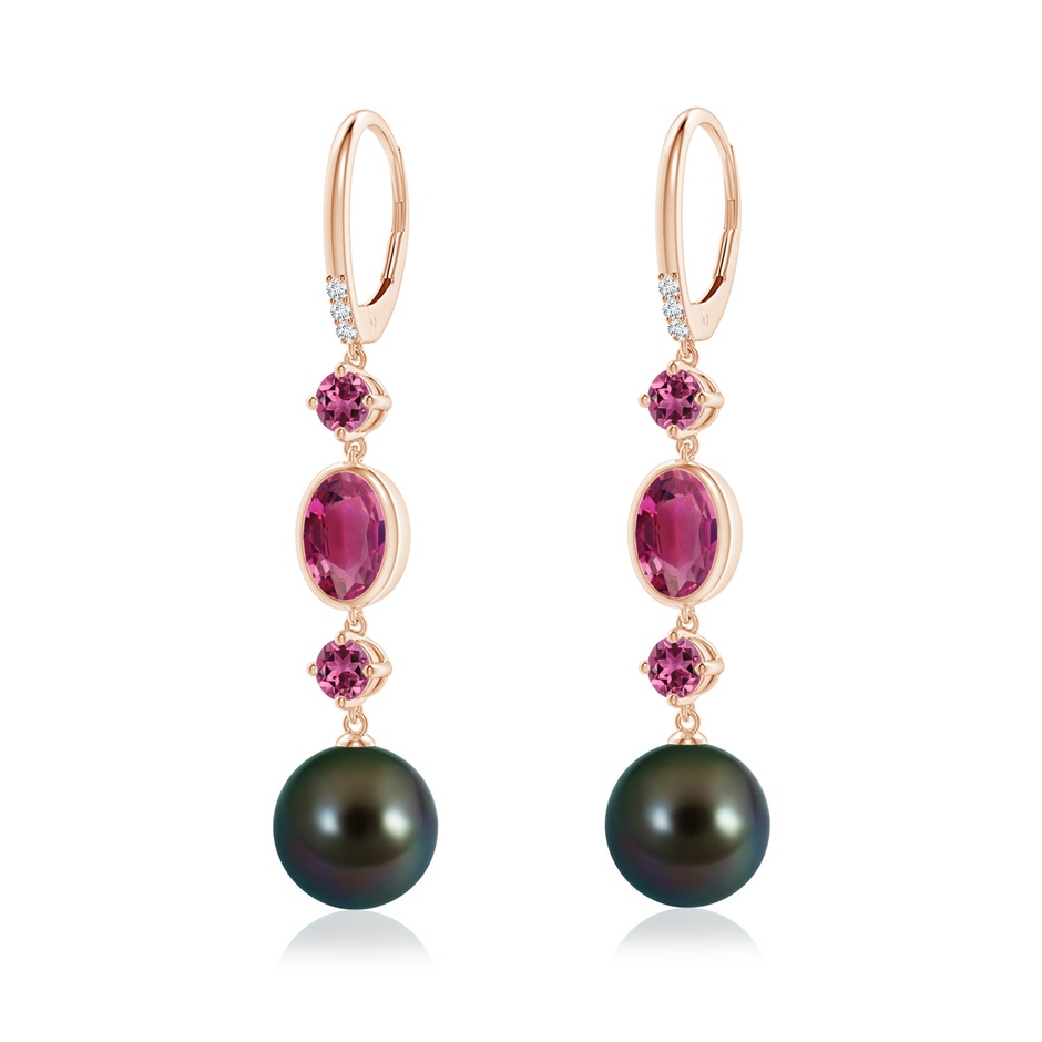 10mm AAAA Tahitian Pearl Earrings with Pink Tourmalines in Rose Gold 