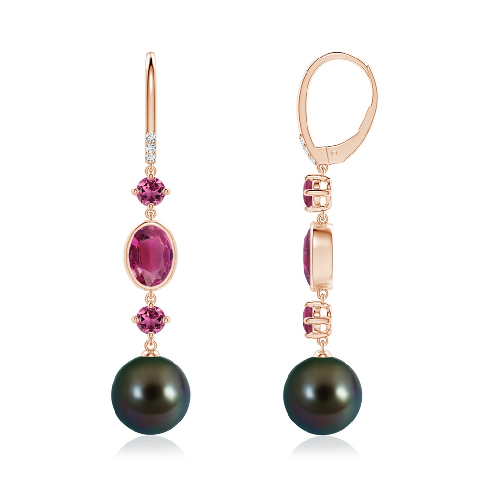 10mm AAAA Tahitian Pearl Earrings with Pink Tourmalines in Rose Gold - Side_1