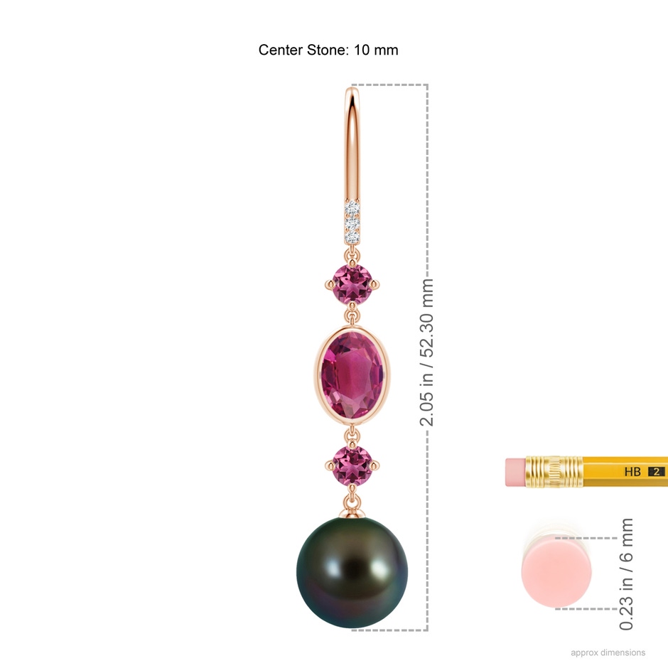 10mm AAAA Tahitian Pearl Earrings with Pink Tourmalines in Rose Gold Ruler