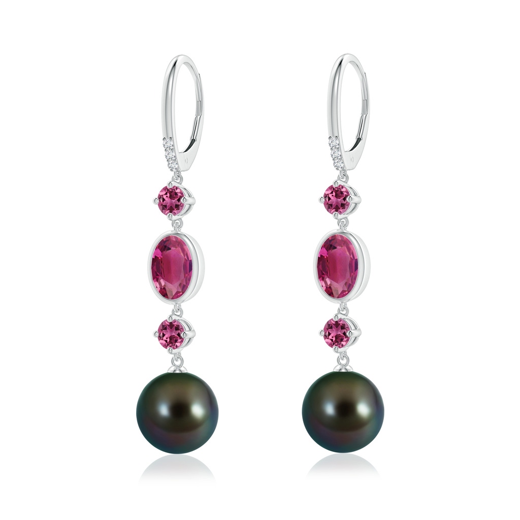 10mm AAAA Tahitian Pearl Earrings with Pink Tourmalines in White Gold