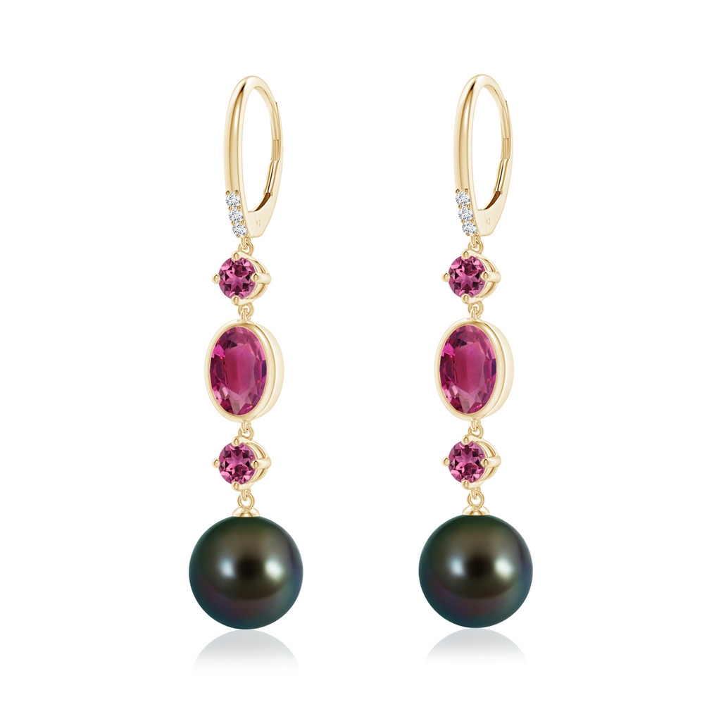 10mm AAAA Tahitian Pearl Earrings with Pink Tourmalines in Yellow Gold